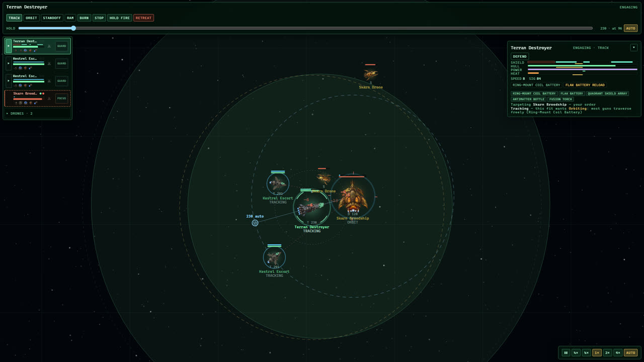 A Terran destroyer with ring-mount coil batteries lit, surrounded by Skarn drones
