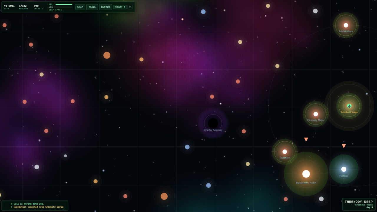 The star map: coloured stars across a nebula with the sensor envelope drawn around the flagship