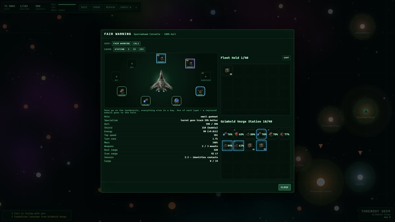 The refit screen: a corvette hull with mounts, bays and the station store